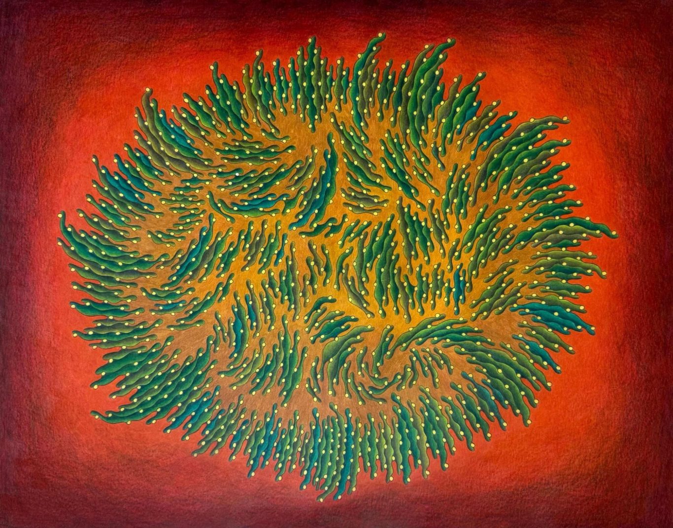 Abstrakte Kunst mit wirbelnden, grünen Formen auf rotem Hintergrund.