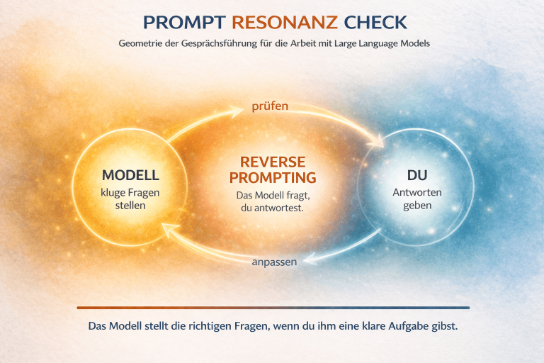 Modell, Reverse Prompting und du in einem Dialogfluss gezeigt.