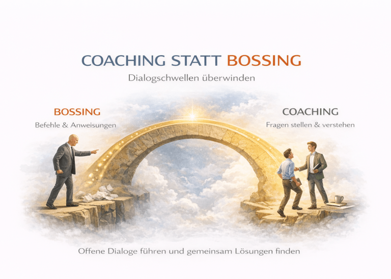 Coaching-Konzept mit zwei Personen auf einer Brücke, die Bossing und Coching darstellen.