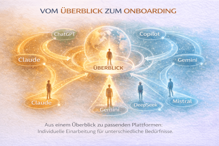 Grafik, die den Übergang vom Überblick zum Onboarding auf einer Plattform zeigt.