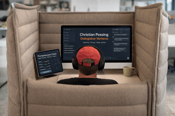 Person in Kopfhörern arbeitet an einem Computer in einem gemütlichen, umschlossenen sonaris Arbeitsbereich.