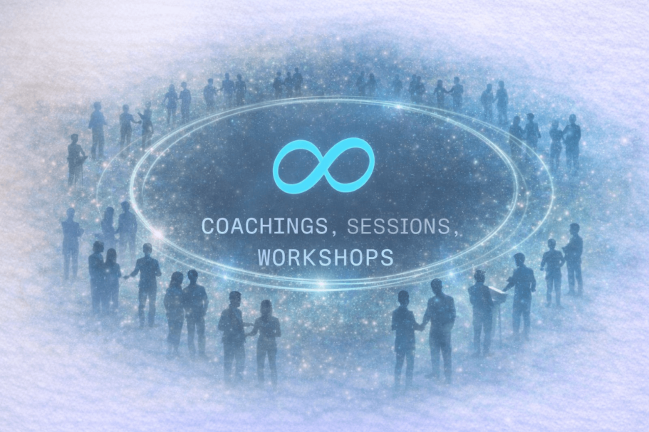 Symbol für Coaching, Sitzungen und Workshops, umgeben von Silhouetten von Menschen.