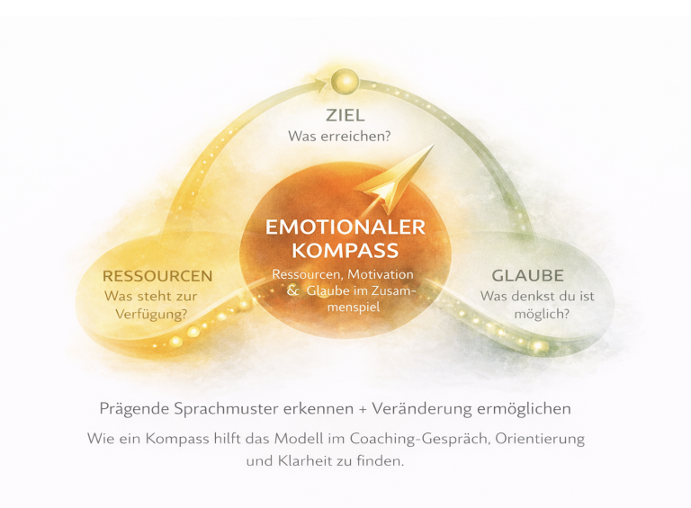 Diagramm mit drei Bereichen: Ressourcen, Glauben und Ziel, die den emotionalen Kompass darstellen.