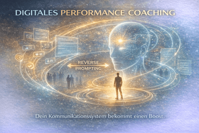 Digitales Performance Coaching mit einem stilisierten Kopf, umgeben von Grafiken und Daten.