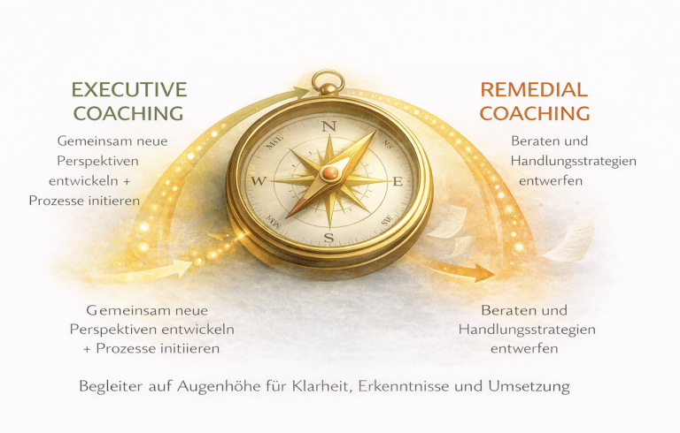 Kompass mit den Begriffen "Executive Coaching" und "Remedial Coaching" daneben.